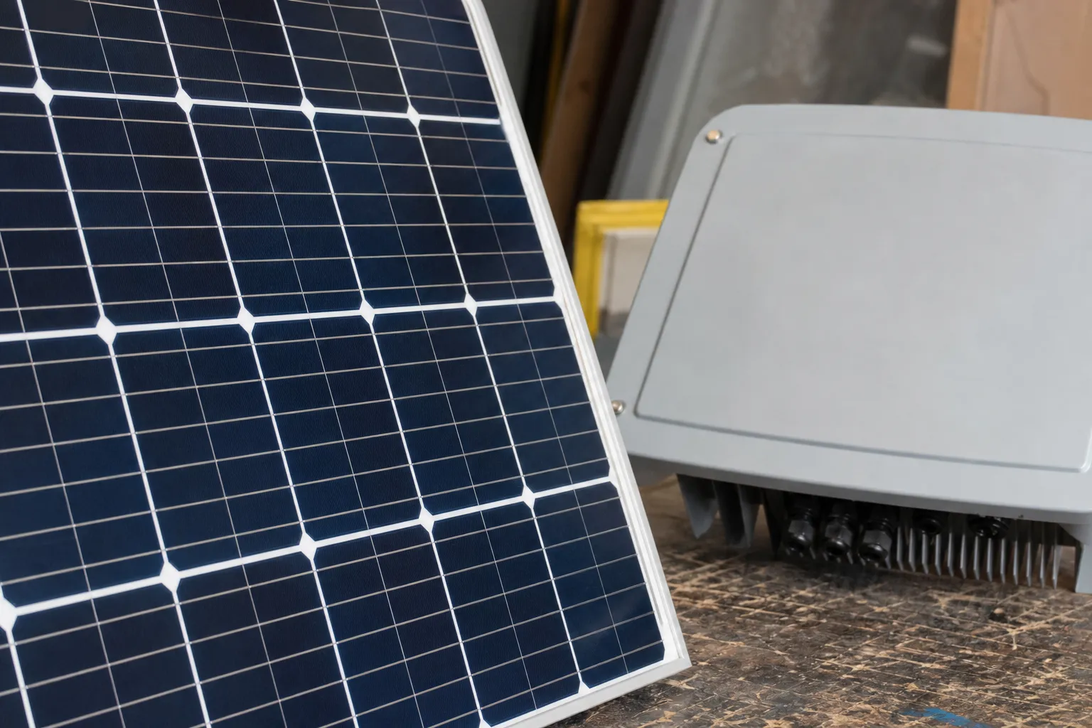 Panneau photovoltaïque et boîtier onduleur posés côte à côte avant installation