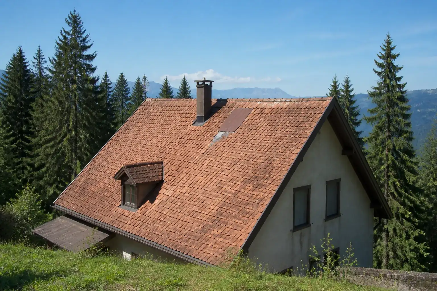 Toiture à forte pente d’une maison de montagne entourée de sapins sous un ciel bleu clair